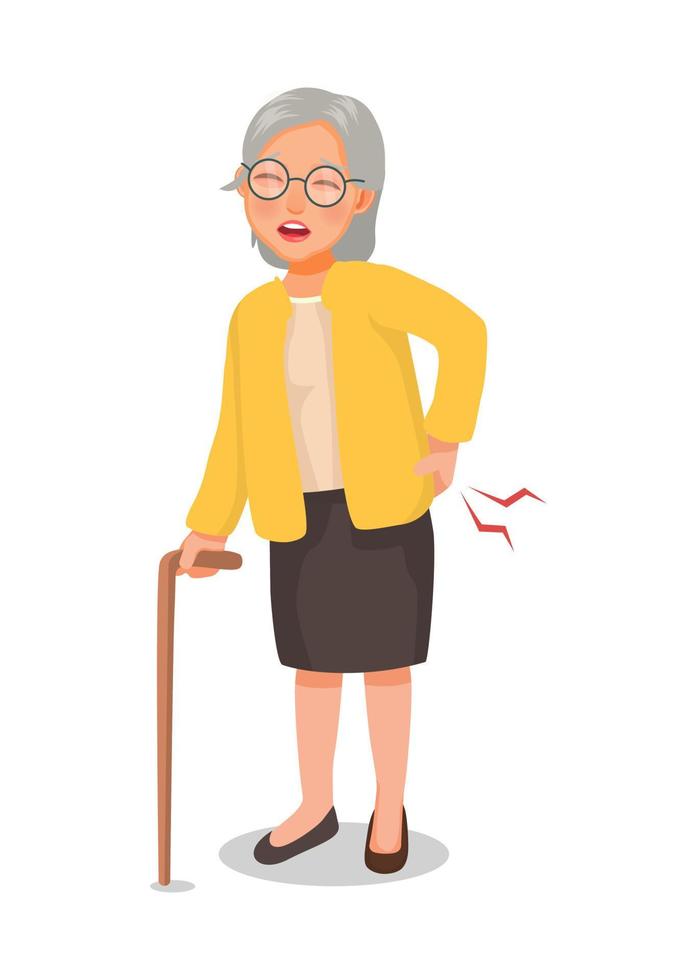 senior elderly woman with walking stick suffering from lower back pain vector