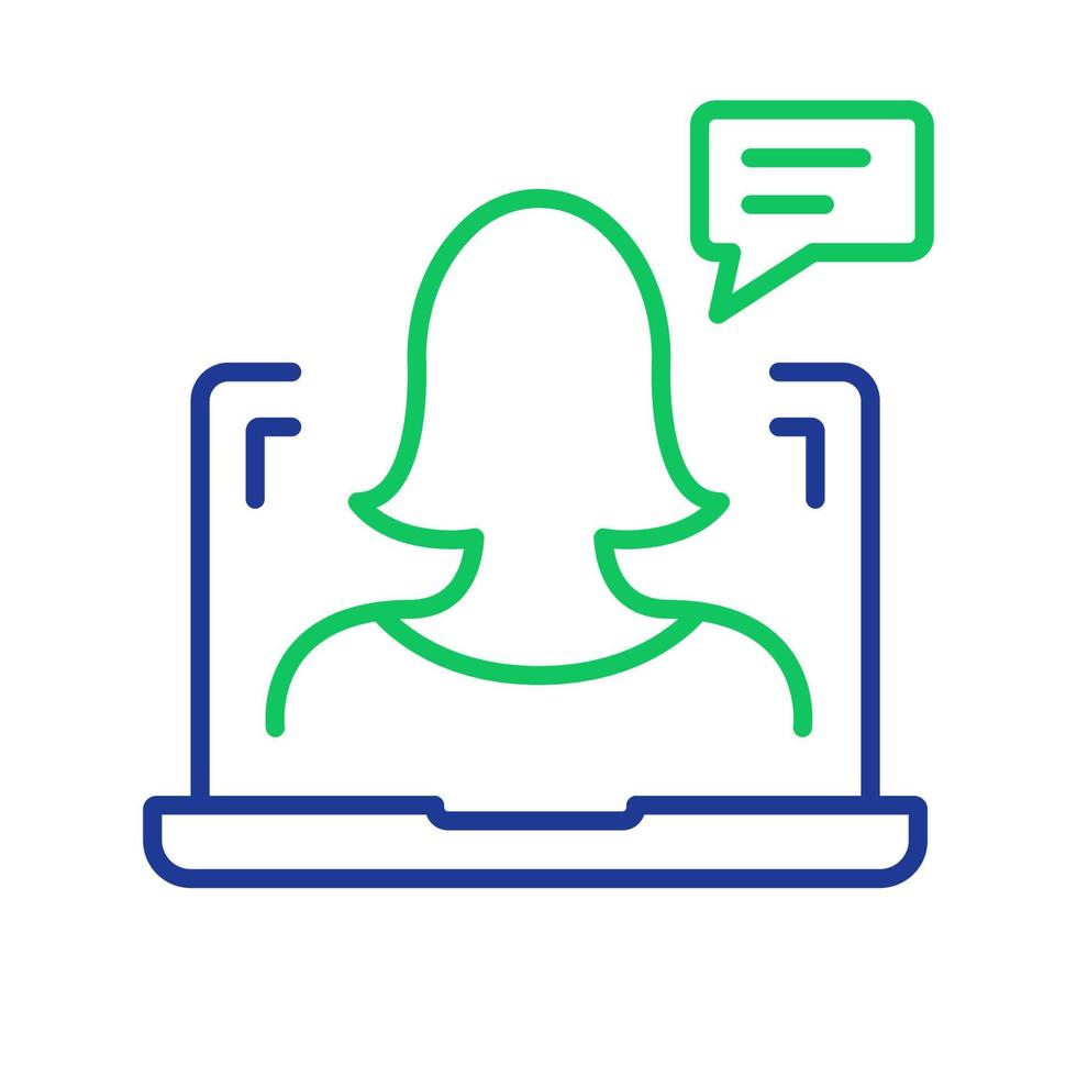 Online Education Line Icon. Distant Education, E-learning, Online Webinar and Consultation. Online Training Linear Icon. Teacher and Laptop pictogram. Editable stroke. Vector Isolated Illustration.
