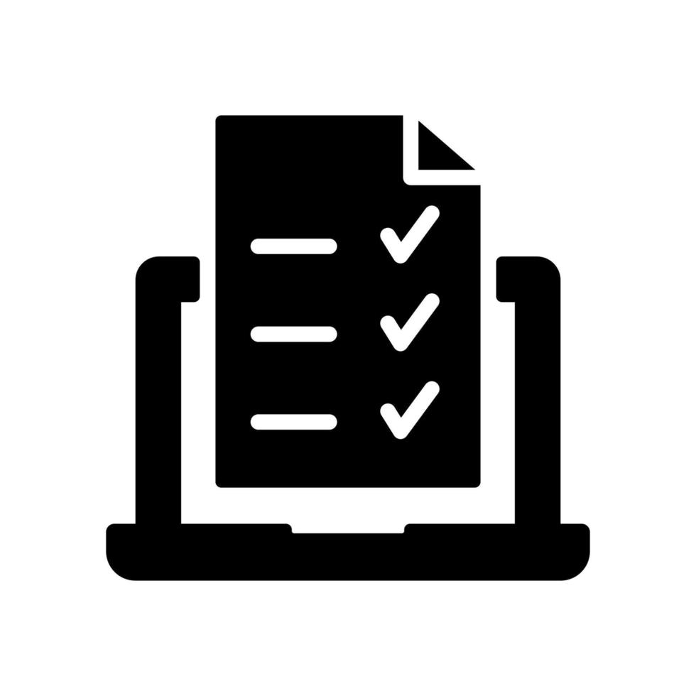 Online Exam, taking Test, Questionnaire or Checklist on Device Screen. Laptop with Online Form Survey Silhouette Icon. Online Education and Elearning concept. Vector Isolated Illustration.