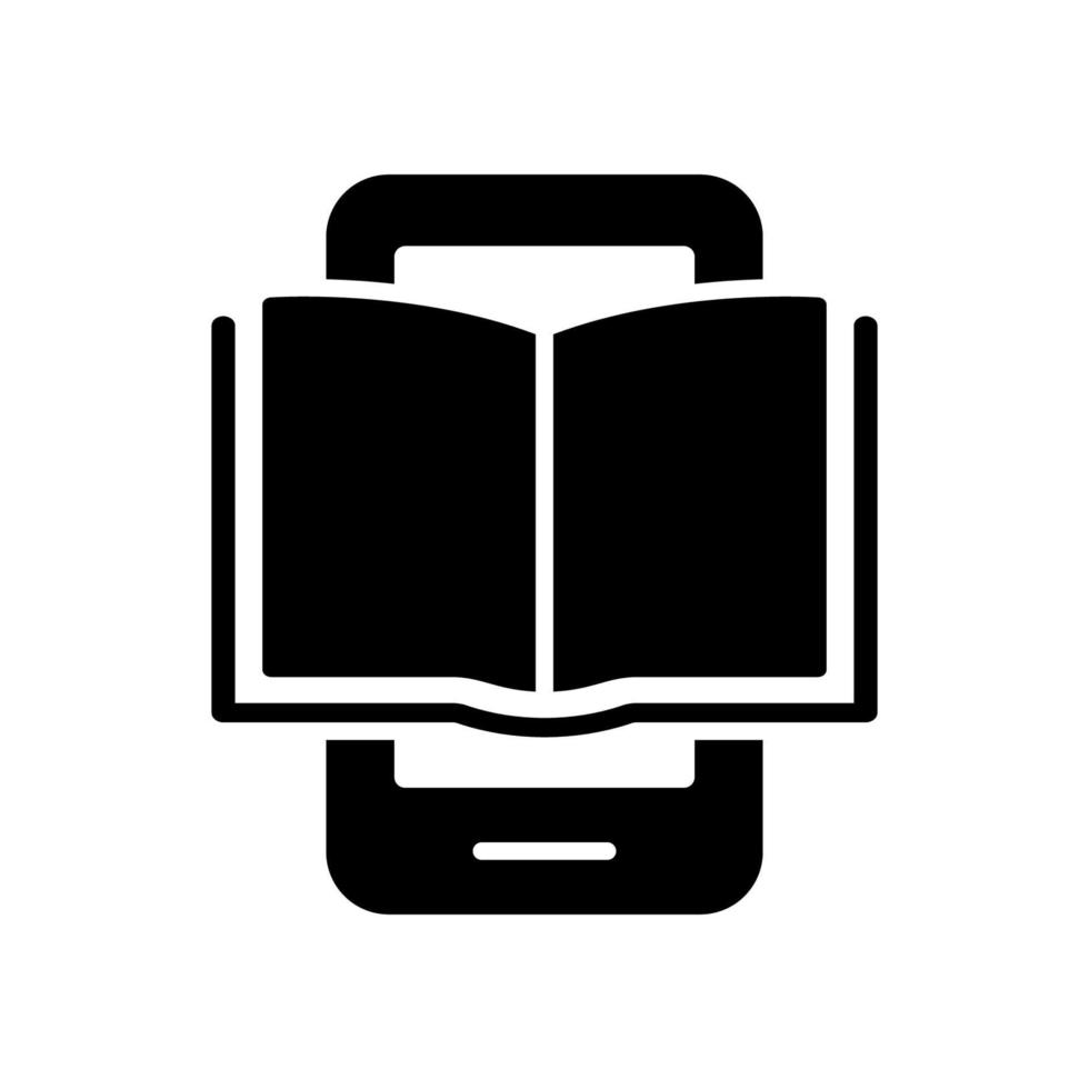 Ebook Silhouette Icon on Mobile Phone. Electronic Book Device for Education and Learning. E-book Reader, E-reader Black icon. Smartphone with Open Ebook pictogram. Vector Isolated Illustration.