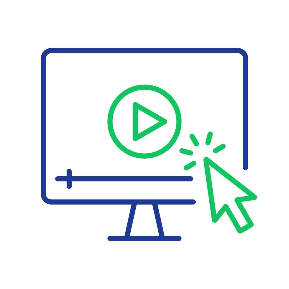 Video Tutorials Line Icon. Video Player with Mouse Pointer Linear Icon. E-learning and Online Education concept. Distant Education and Online Webinar pictogram. Editable stroke. Vector illustration.