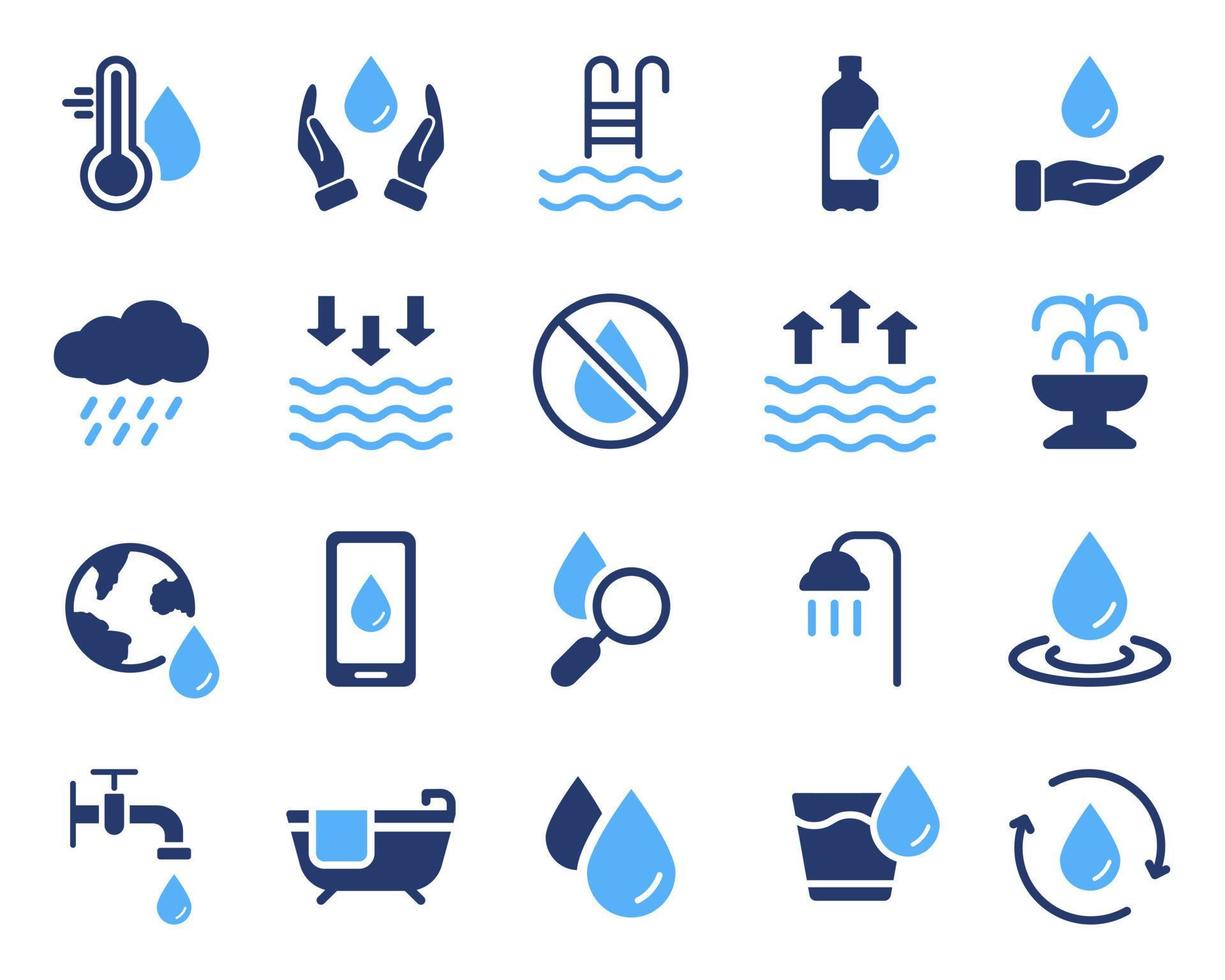 beber agua limpia silueta conjunto de iconos negros. Pictograma de glifo líquido de ecología de gota de agua. grifo, grifo, fuente, soda, lluvia, ducha, símbolo de agua de pureza de baño. ilustración vectorial aislada. vector