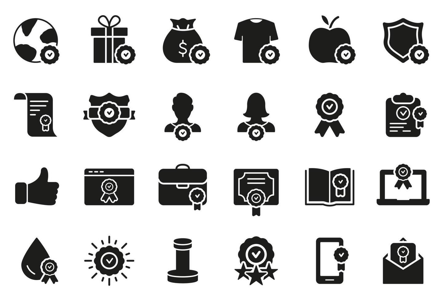 Quality Control and Check Mark Silhouette Icons Set. Food, Clothes, Water Certification Procedure, Inspection, Certification, Approval, Confirmation Black Icons. Vector illustration.