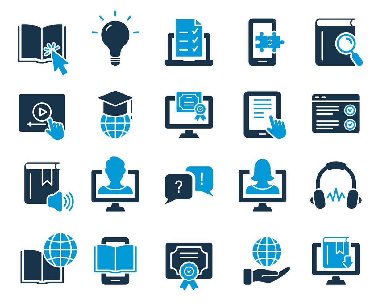 E-learning, Online and Distance Education Silhouette Icon. Online Training, Webinar, Education, Course, Elearning, Conference, Exam. Online Education Icons Set. Vector Isolated Illustration.