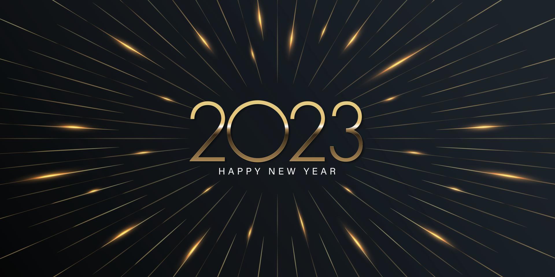 2023 feliz año nuevo diseño elegante - ilustración vectorial de números de logotipo dorado 2023 sobre fondo negro - tipografía perfecta para 2023 guardar la fecha diseños de lujo y celebración de año nuevo. vector