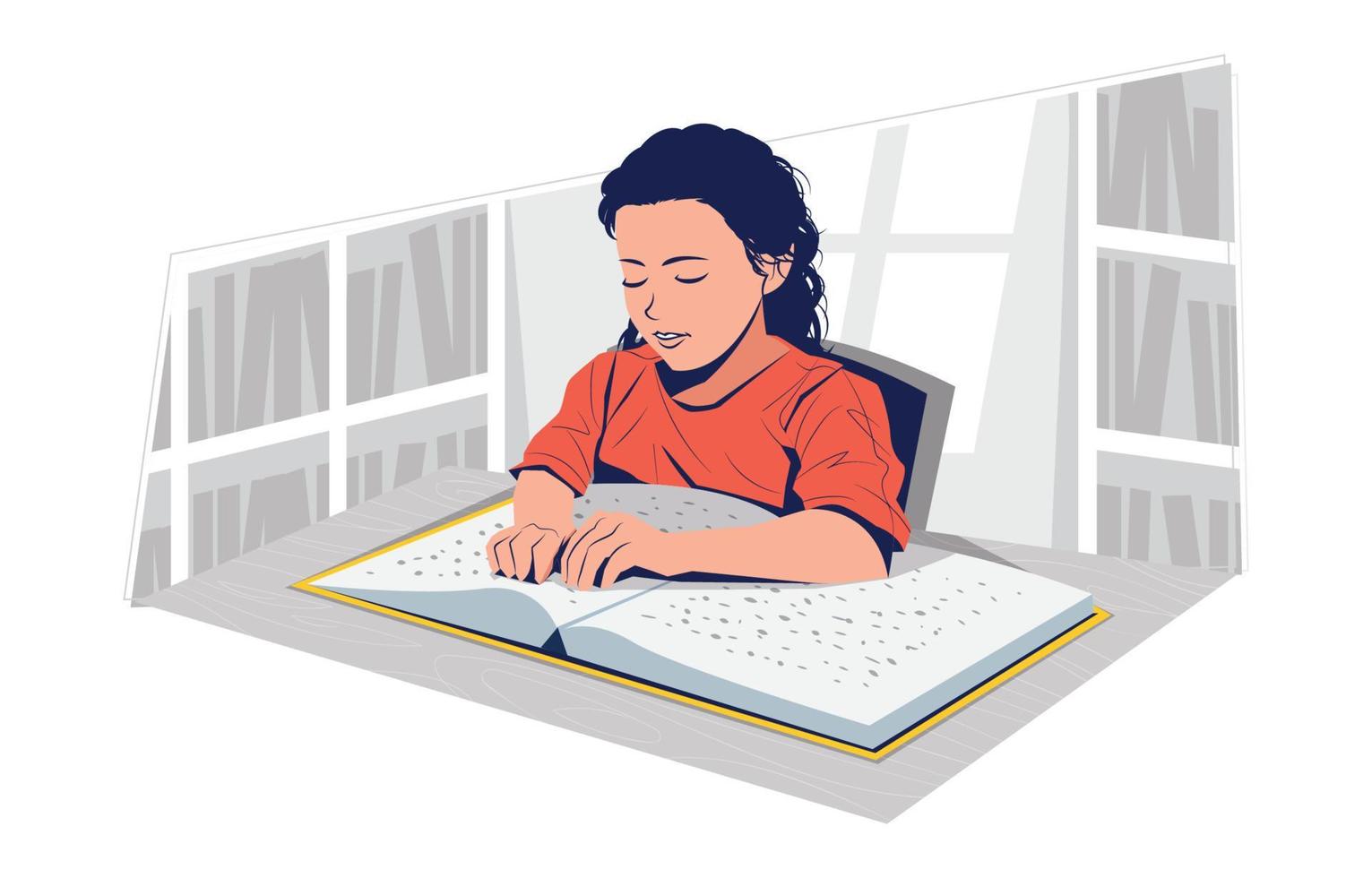 niña ciega con discapacidad leyendo un concepto de libro en braille vector