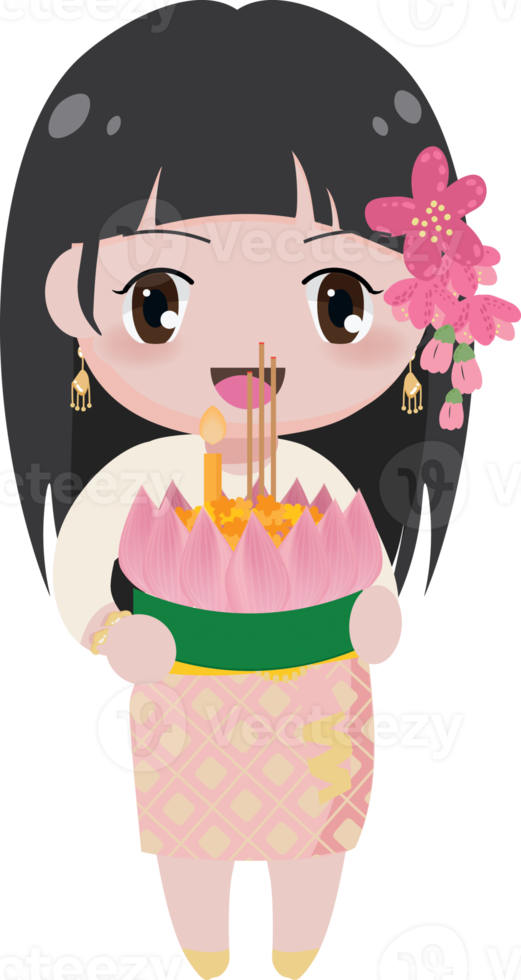 cute flat style Thai couple in traditional dress Loy Krathong in Thailand flower floating festival png