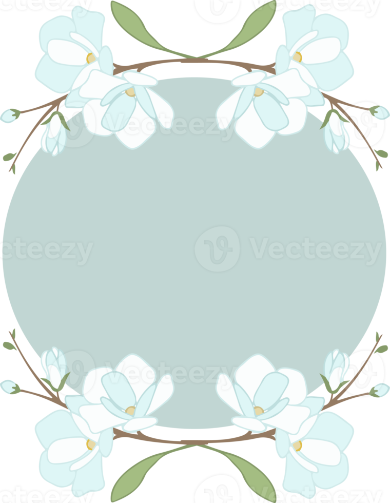 white blue magnolia or jasmine wreath frame flat style png