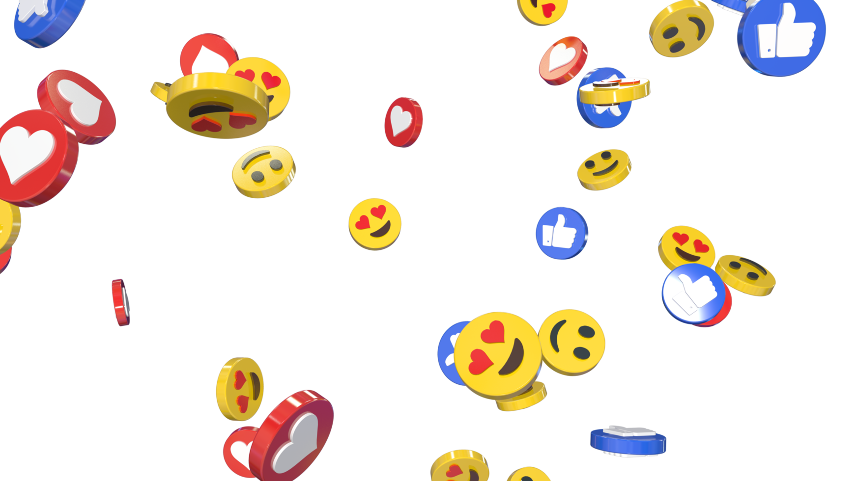 médias sociaux comme le pouce, les coeurs et les emoji isolés, rendu 3d png