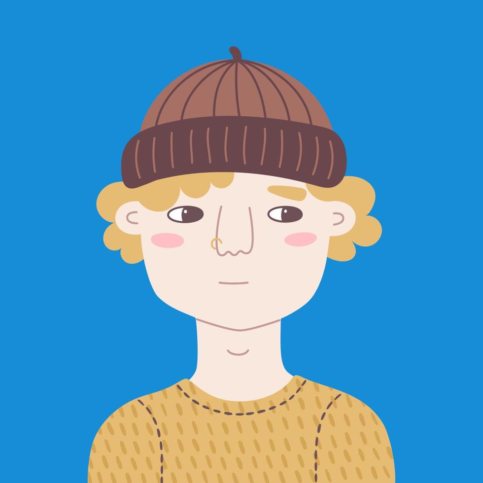 Portrait of young unsmiling guy in knitted hat. Unhappy teenager looks sideways. Vector cartoon person with a pensive face expression on a blue background. Hand drawn avatar for social network.