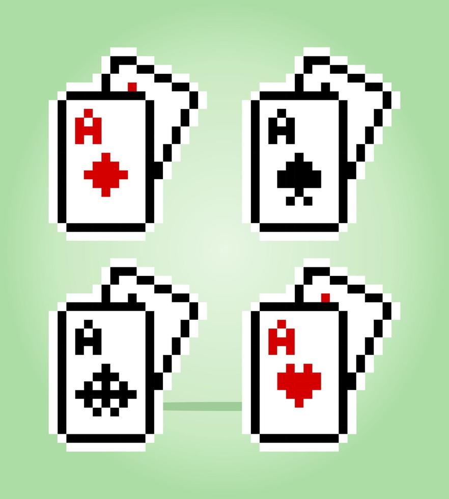 Píxeles de póquer de cartas de 8 bits. un juego de cartas para los activos del juego en la ilustración vectorial. vector