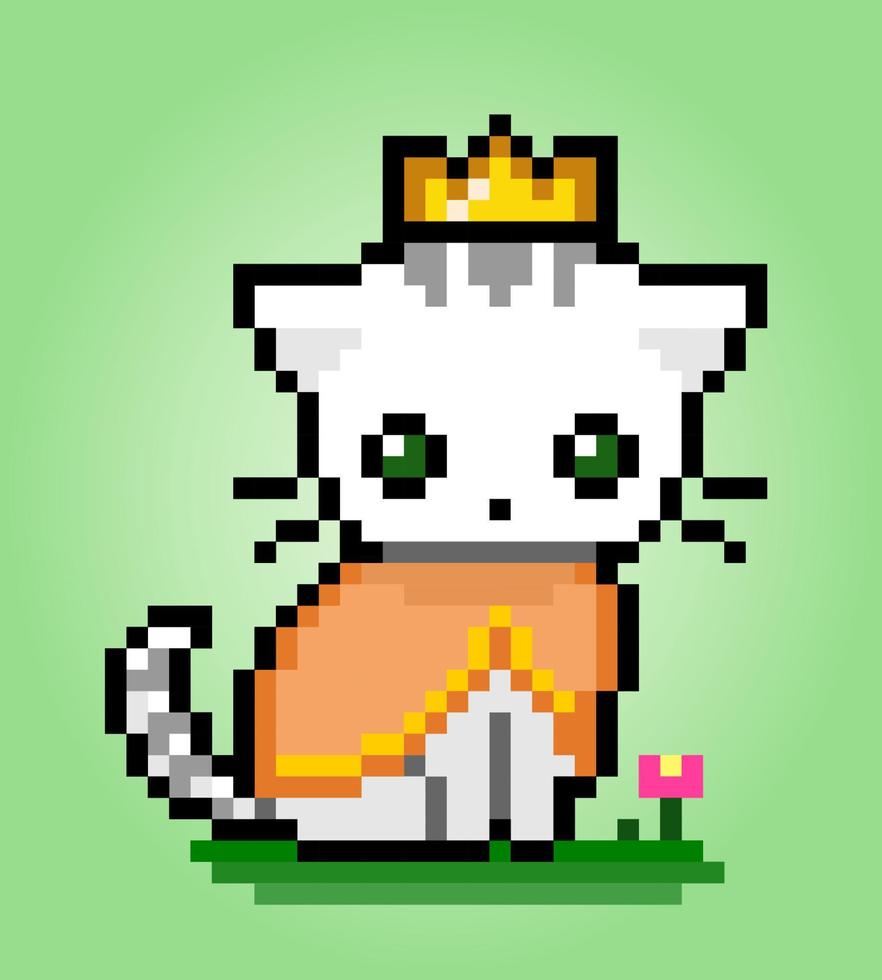 Pixel 8 bit cat wearing king suit outfit. Animals for game assets in vector illustration.