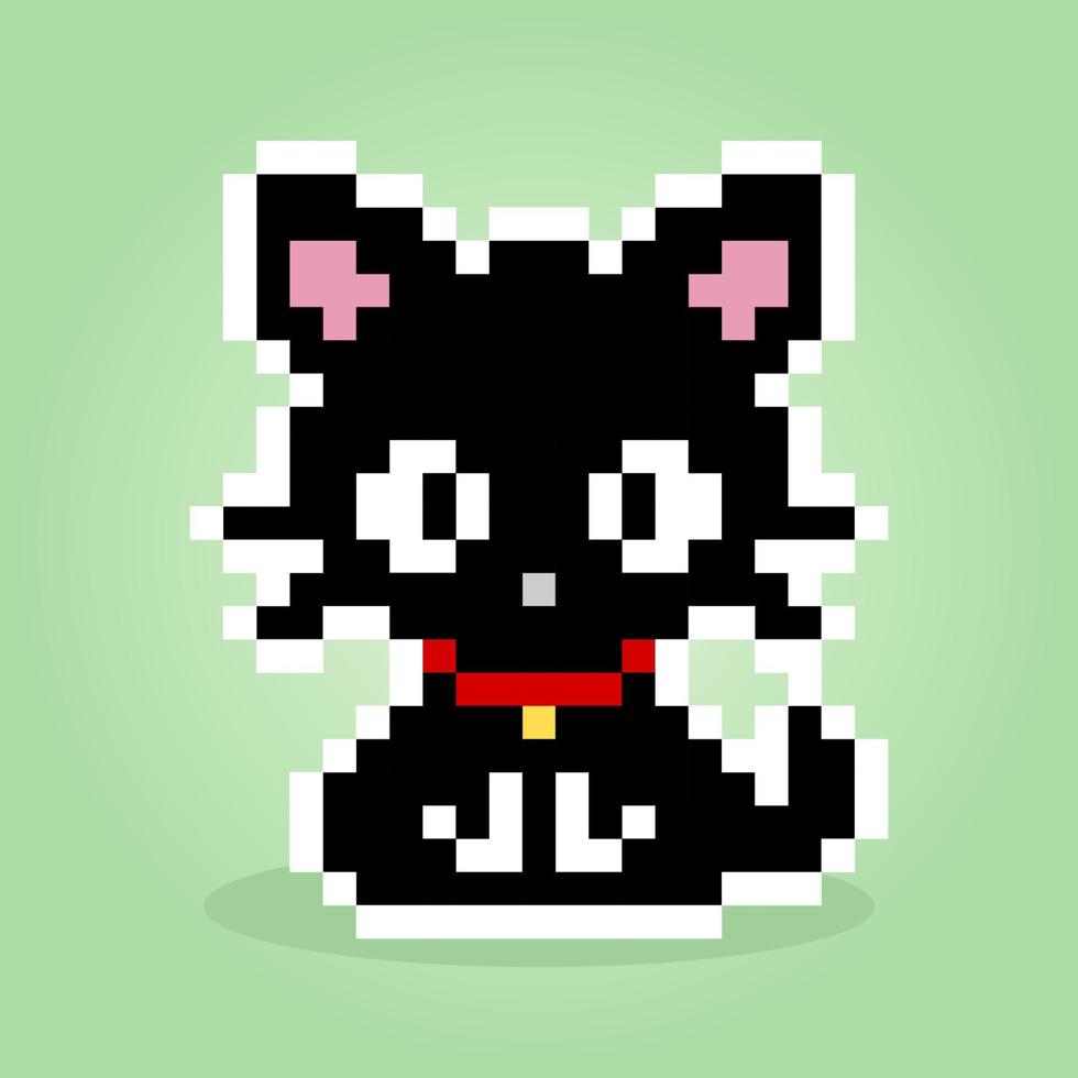 8-bit pixel black cat. Animal icon for game assets in vector illustrations.