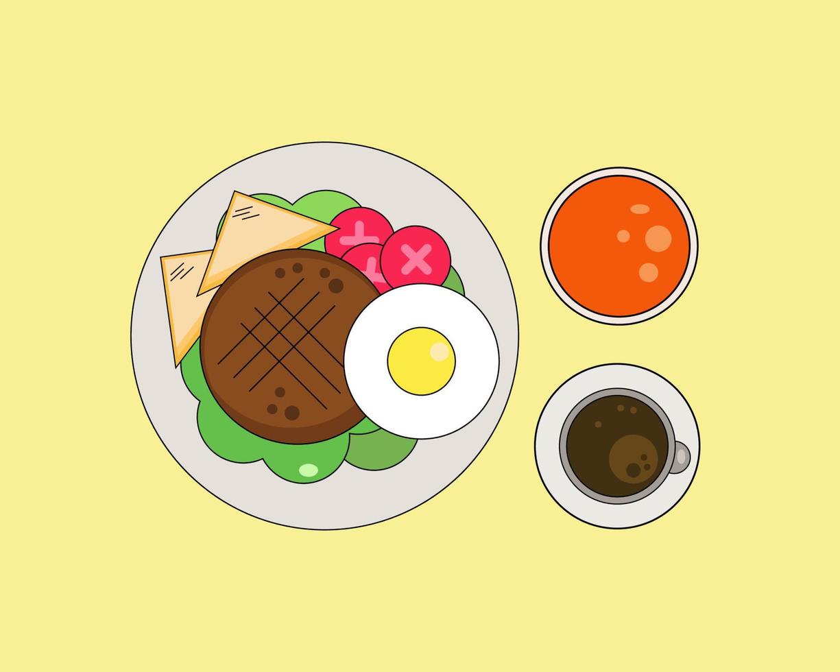 vista superior de la comida en un plato bistec de ternera con tomate y huevo frito con café caliente y jugo de naranja. estilo de vector de dibujos animados para su diseño.