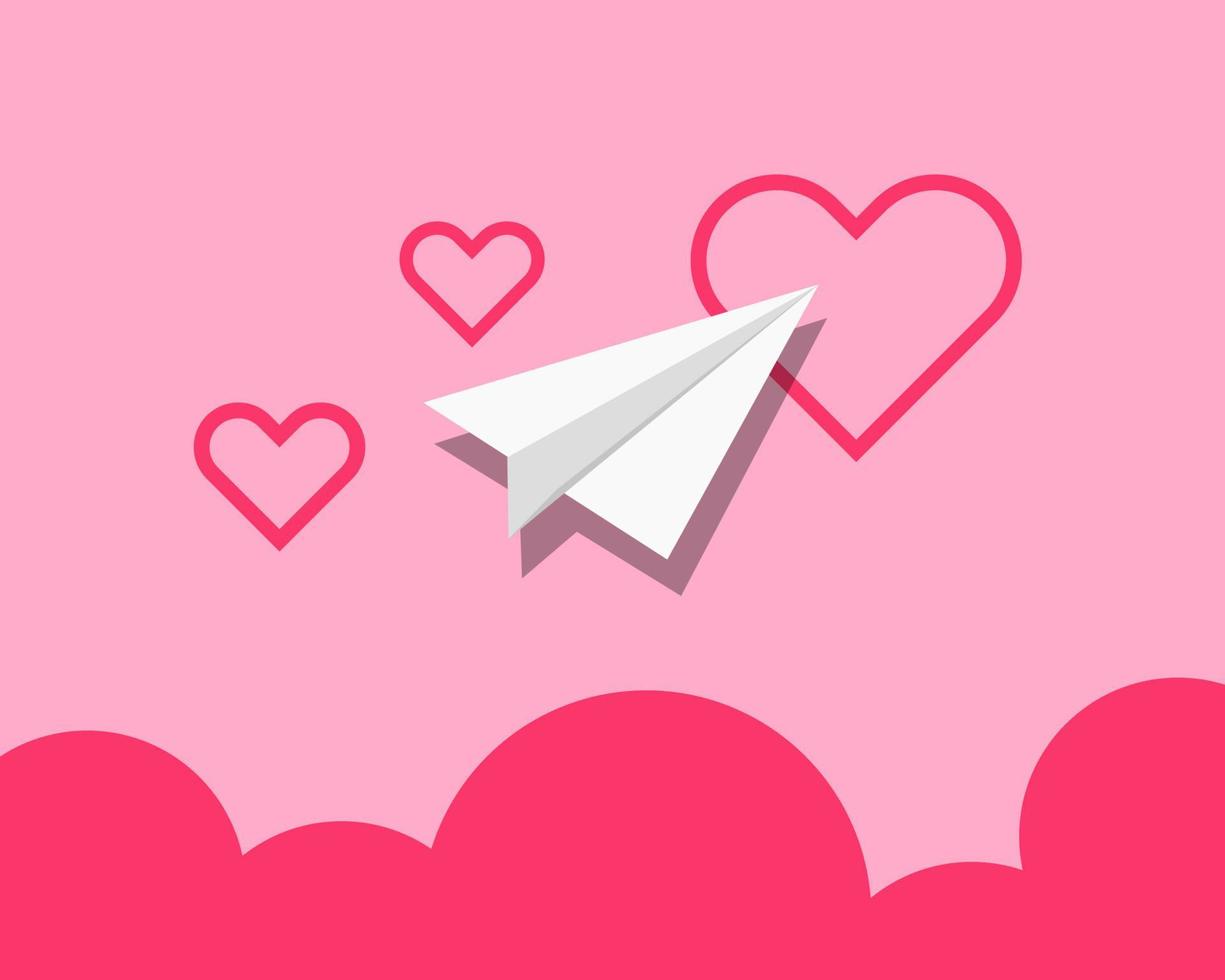 concepto de amor avión de papel con corazón en el cielo y hermosa nube. estilo de vector de dibujos animados para su diseño.