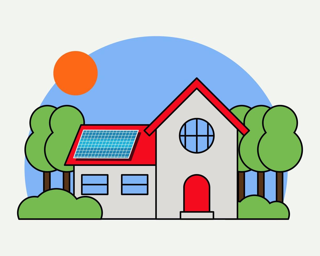 Solar cell system on the roof of house. Cartoon vector style for your design.
