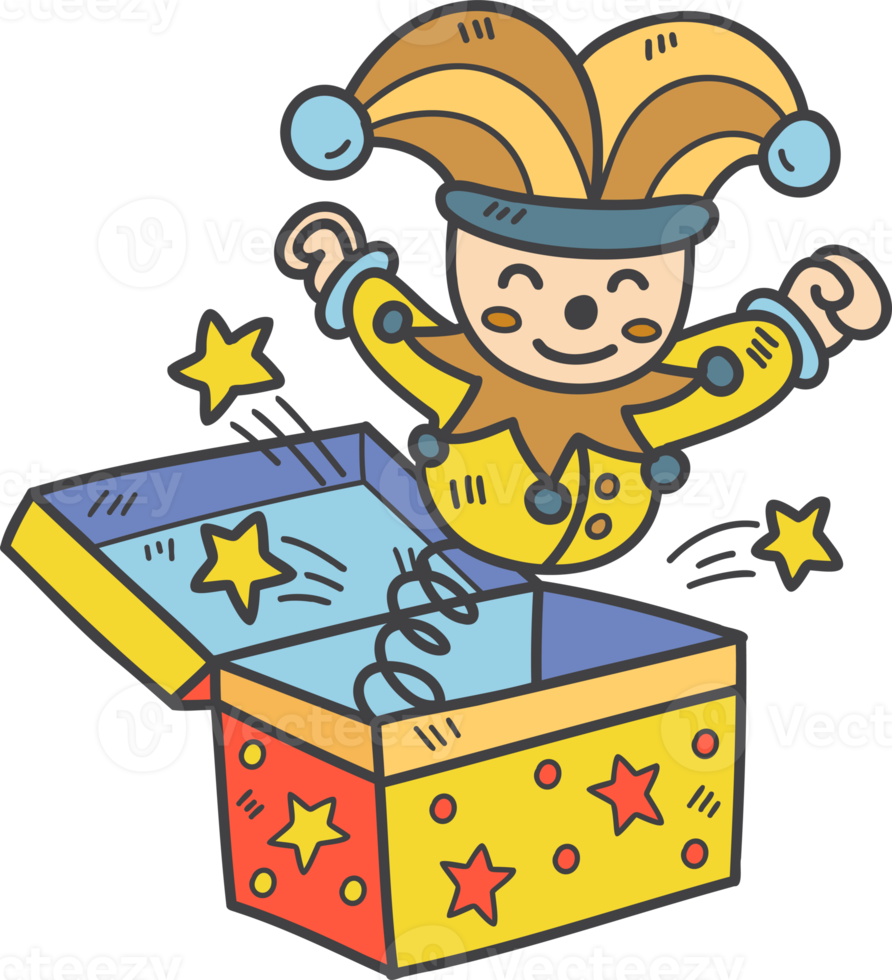 Hand Drawn A cute clown emerges from the box illustration png