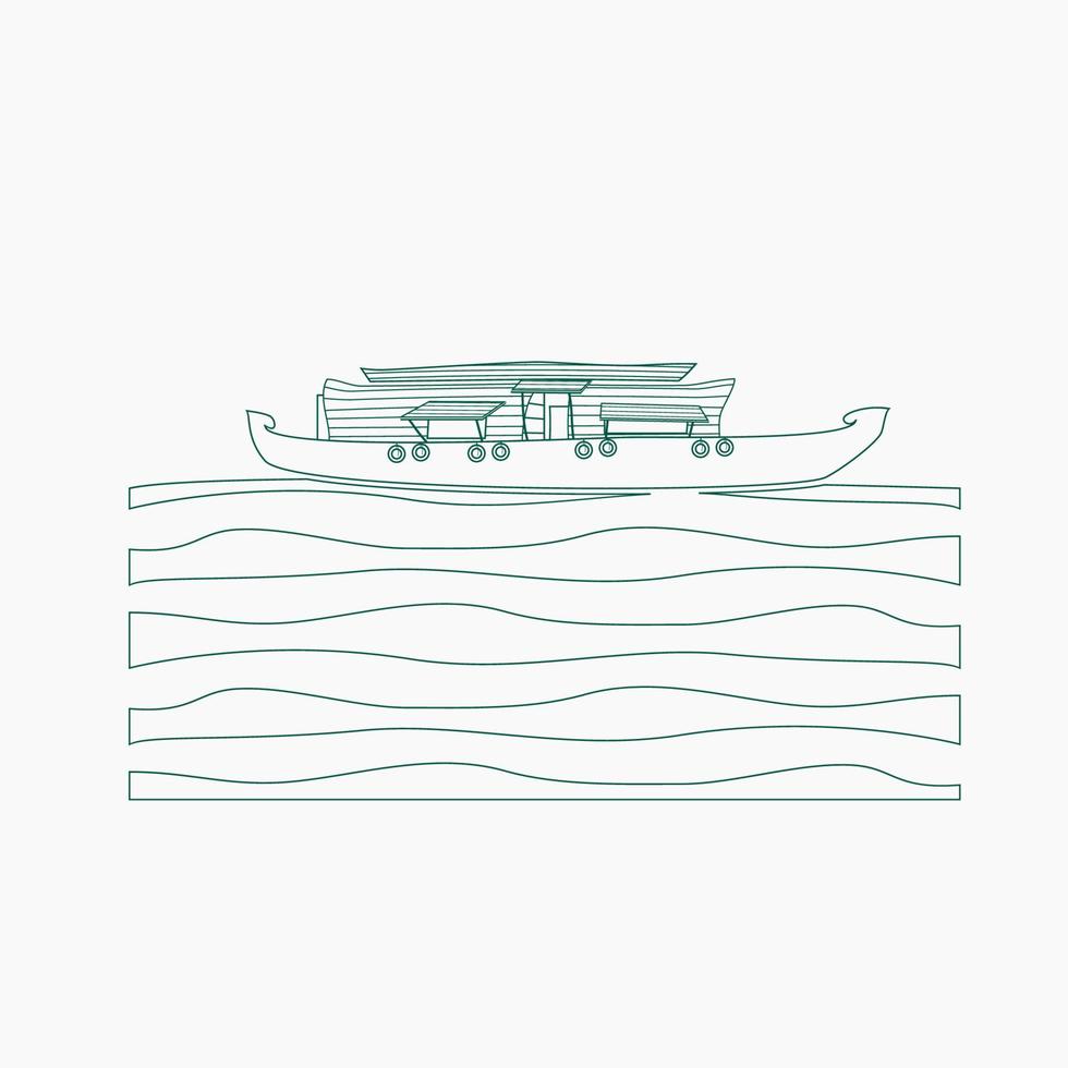 Editable Side View Indian Keralan Houseboat Backwater on Wavy Lake Vector Illustration in Outline Style for Artwork Element of Recreation or Transportation of Southwestern India Related Design