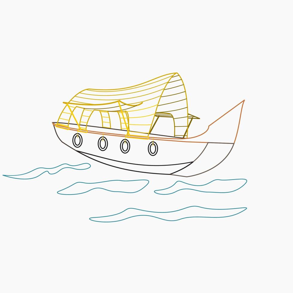 Editable Outline Style Three-Quarter Oblique View Indian Kerala Houseboat Backwater on Lake Vector Illustration for Artwork Element of Recreation or Transportation of Southwestern India Related Design