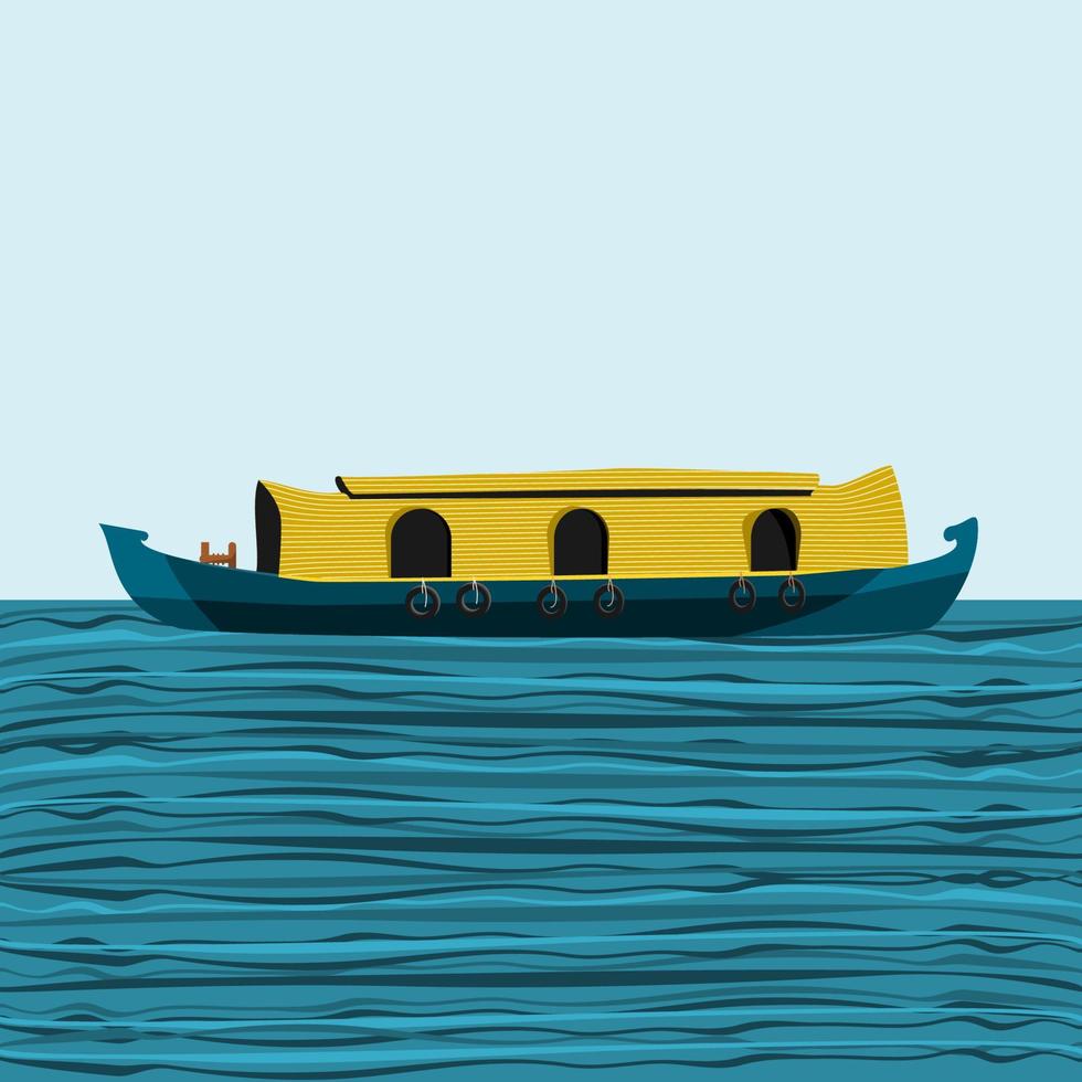 Editable Side View Indian Keralan Houseboat Backwater on Wavy Lake Vector Illustration for Artwork Element of Transportation or Recreation of Southwestern India Related Design