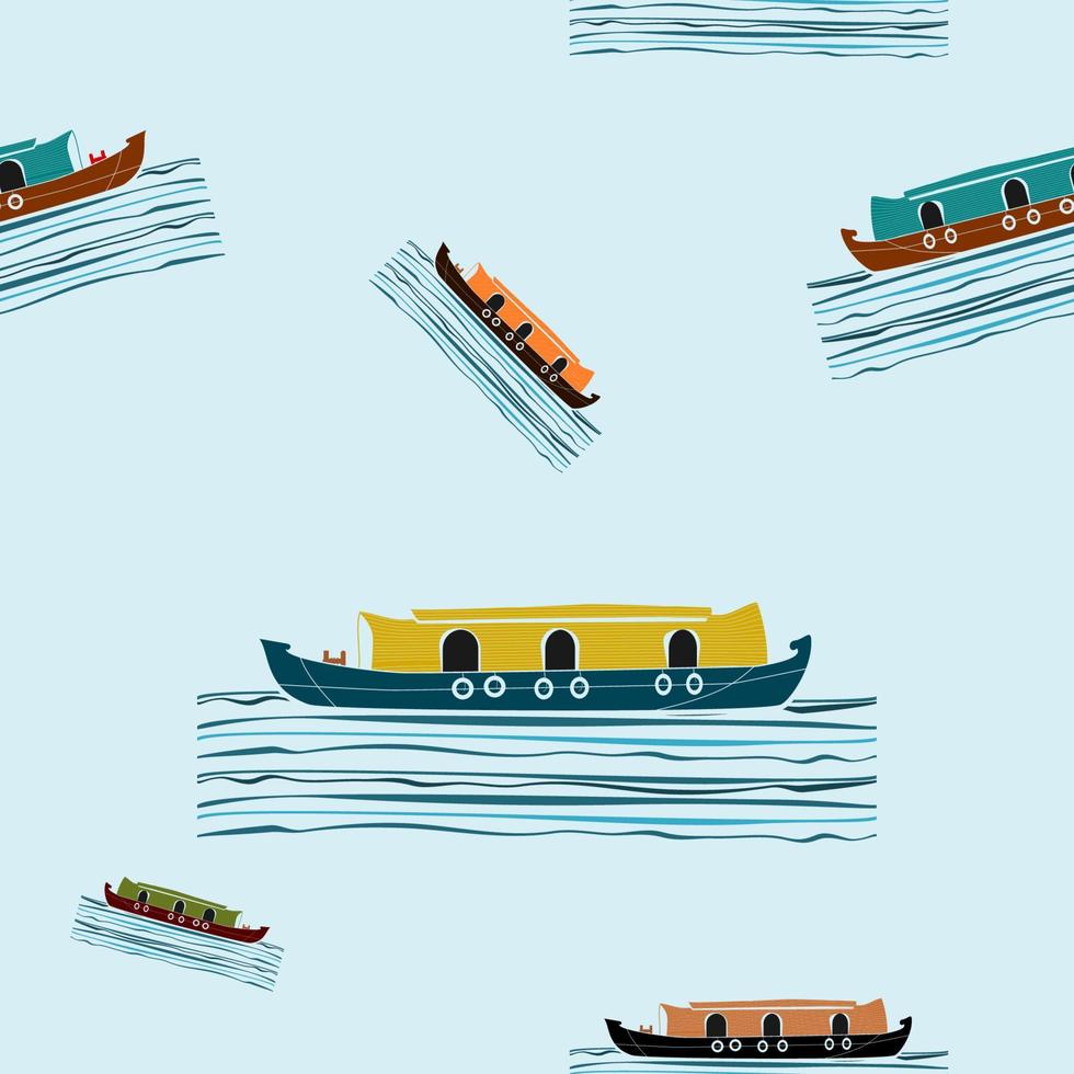Editable Flat Style Side View Indian Keralan Houseboat Vector Illustration on Wavy Lake in Various Colors Seamless Pattern for Creating Background of Transportation or Recreation of Southwestern India
