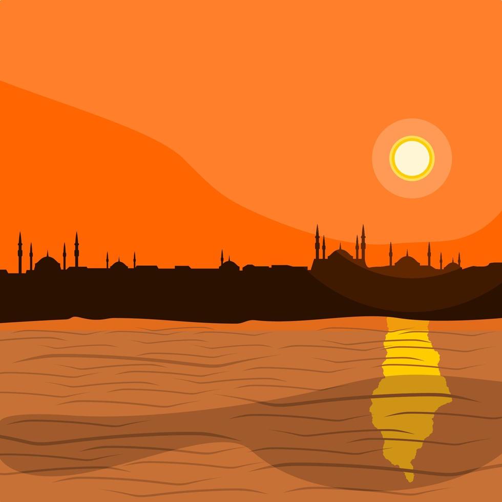 Editable Istanbul City Silhouette Vector Illustration With Sun and Marmara Sea for Islamic Religious Moments Design Such as Ramadan and Eid With Ottoman Turkish Panorama