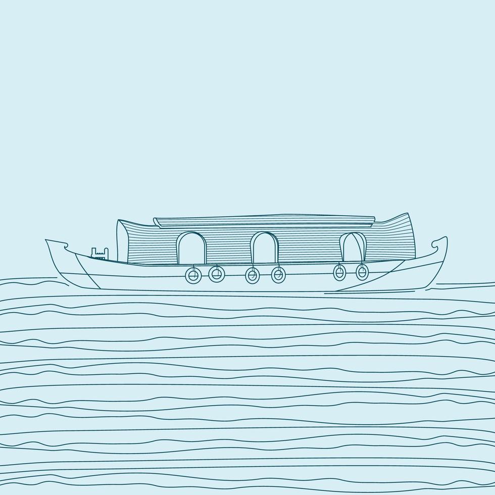 Editable Side View Indian Keralan Houseboat Backwater on Wavy Lake Vector Illustration in Outline Style for Artwork Element of Transportation or Recreation of Southwestern India Related Design