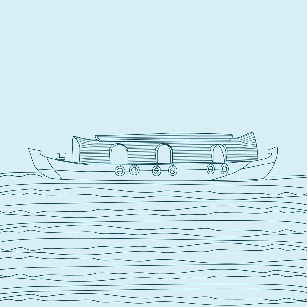 Editable Side View Indian Keralan Houseboat Backwater on Wavy Lake Vector Illustration in Outline Style for Artwork Element of Transportation or Recreation of Southwestern India Related Design