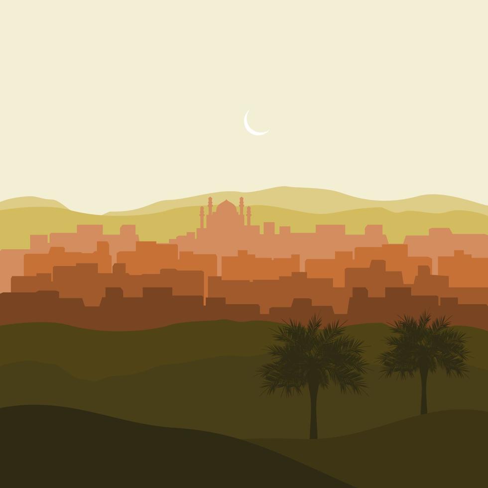 ilustración vectorial de silueta de ciudad árabe editable con luna creciente y palmeras datileras en el desierto para el diseño de momentos religiosos islámicos como ramadán y eid con panorama medieval vector