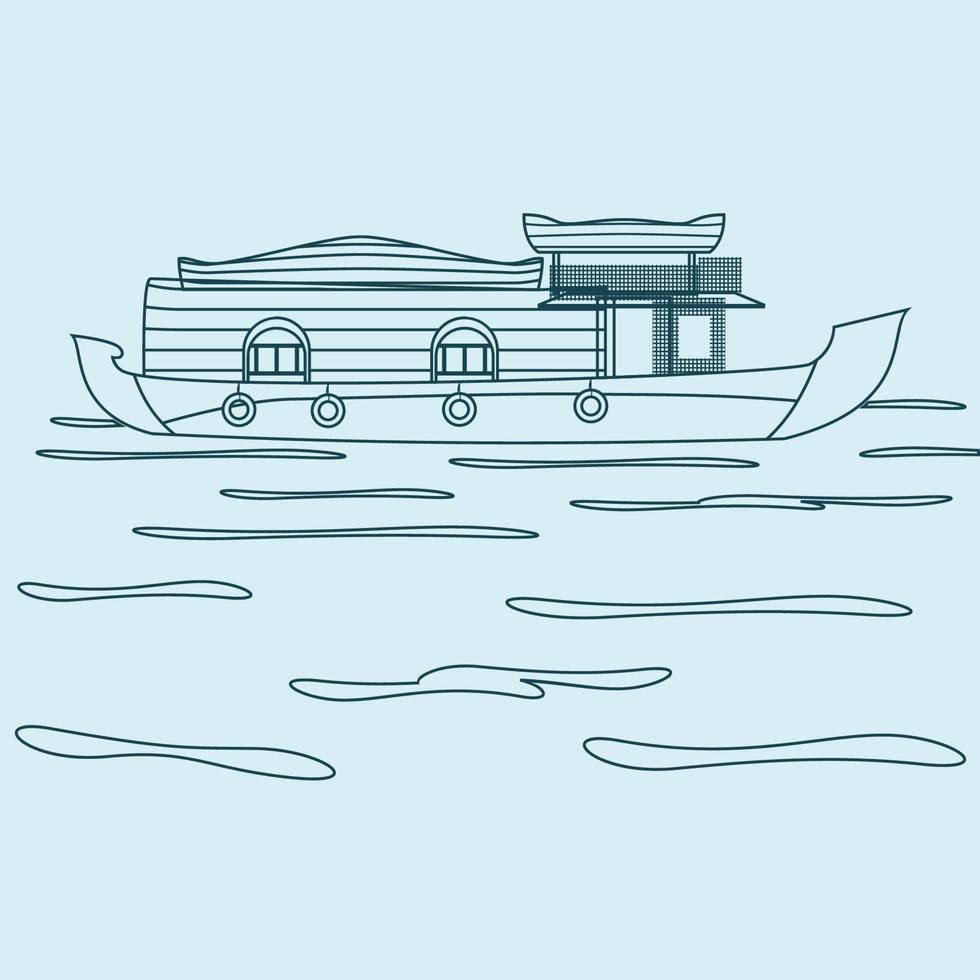 Editable Side View Indian Keralan Houseboat Backwater on Calm Lake Vector Illustration in Outline Style for Artwork Element of Recreation or Transportation of Southwestern India Related Design