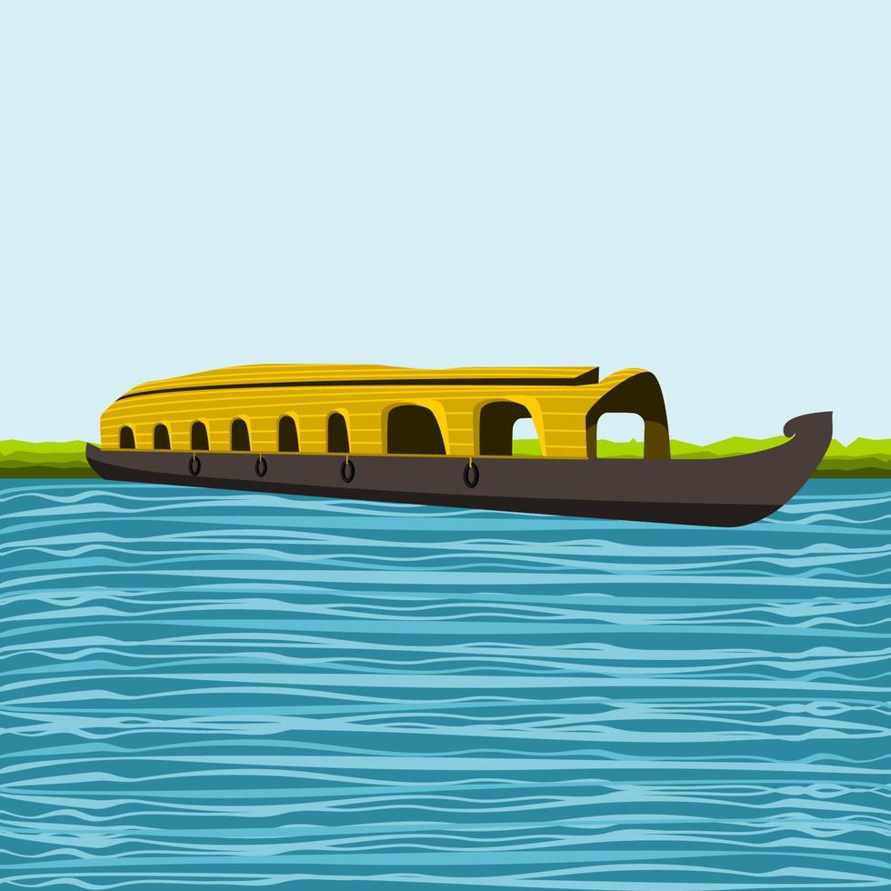 Editable Semi-Oblique View Indian Keralan Houseboat Backwater on Wavy Lake Vector Illustration for Artwork Element of Recreation or Transportation of Southwestern India Related Design