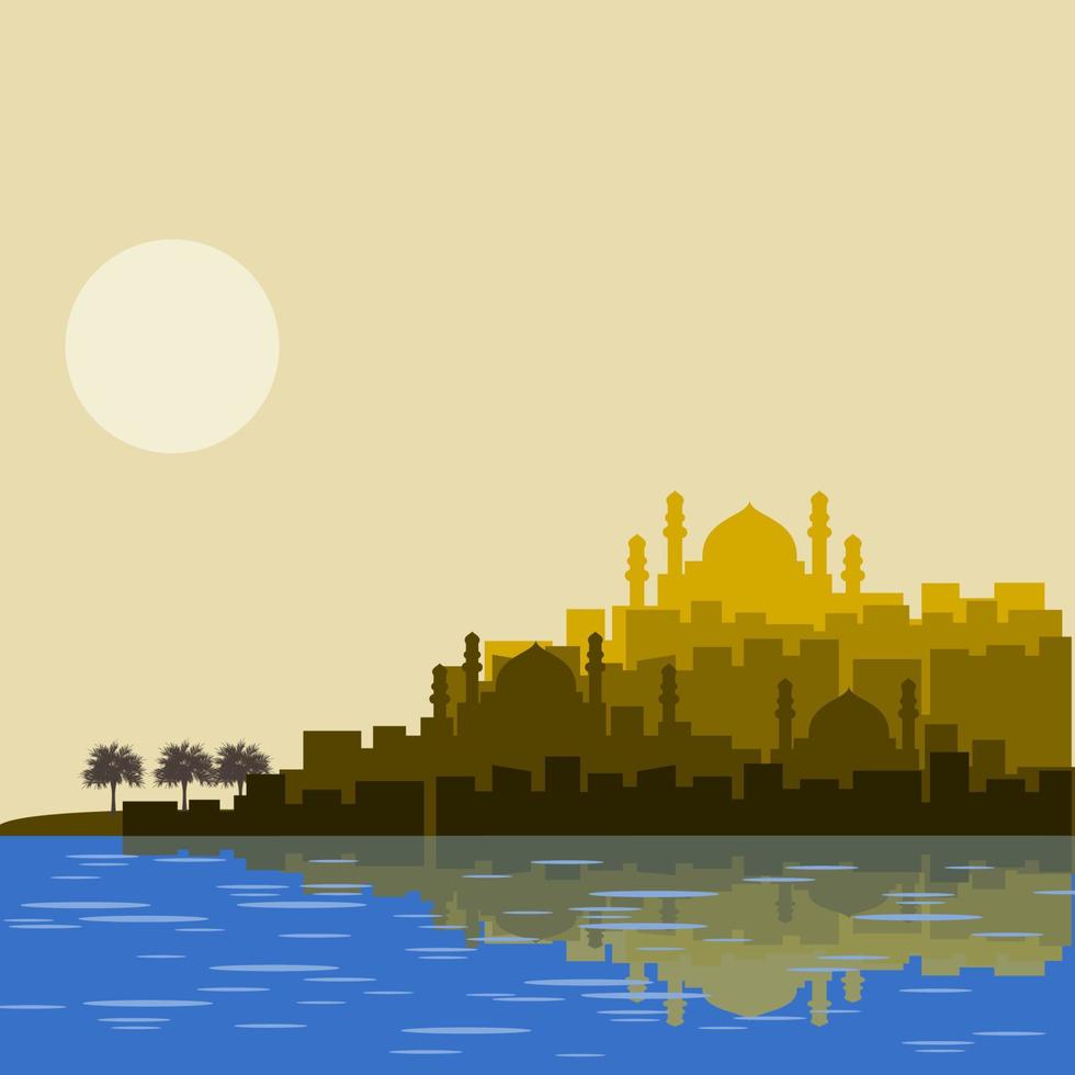 Editable Arabian City Silhouette Vector Illustration With Lake or Sea and Full Moon for Islamic Religious Moments Design Such as Ramadan and Eid With Medieval Panorama