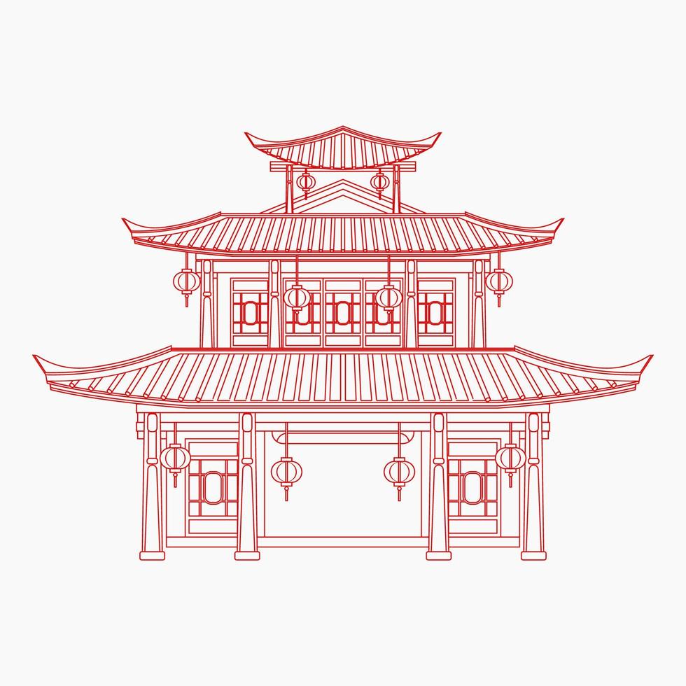 Editable Three Roofs Traditional Chinese Building Vector Illustration in Outline Style for Artwork Element of Oriental History and Culture Related Design