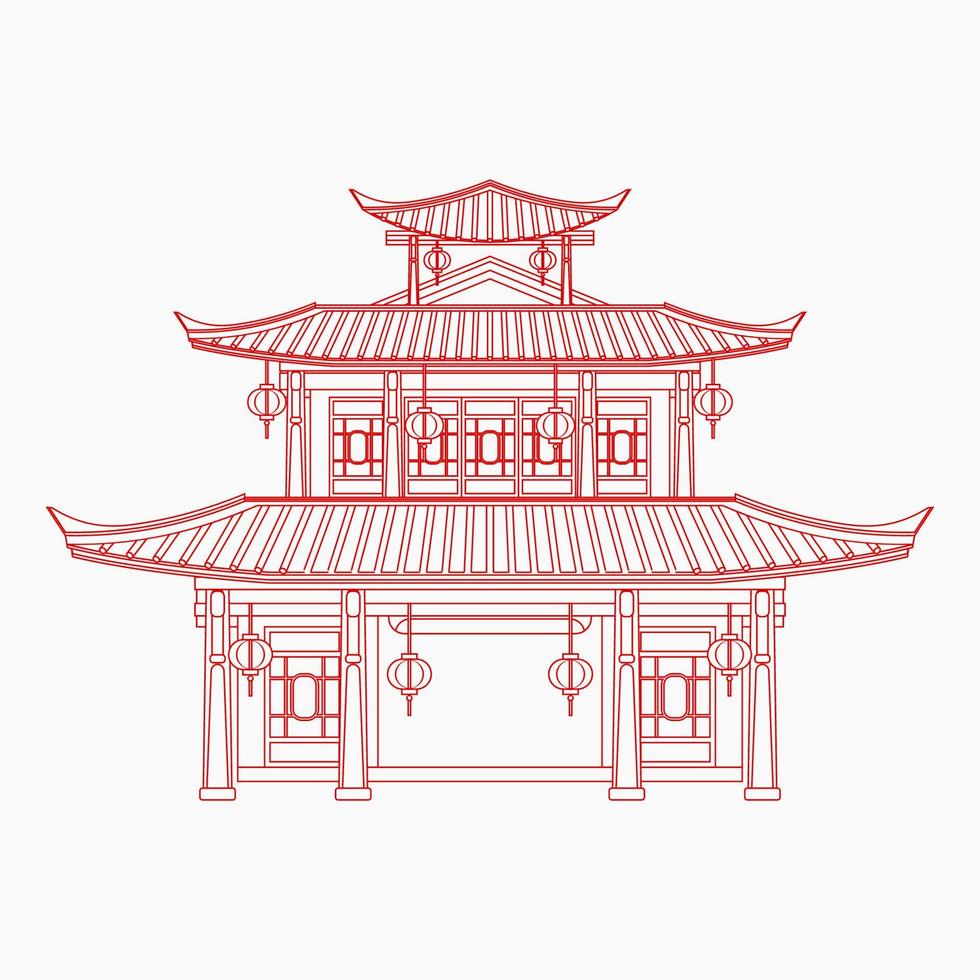 Ilustración de vector de edificio tradicional chino editable de tres techos en estilo de contorno para elemento de arte de diseño relacionado con la historia y la cultura oriental