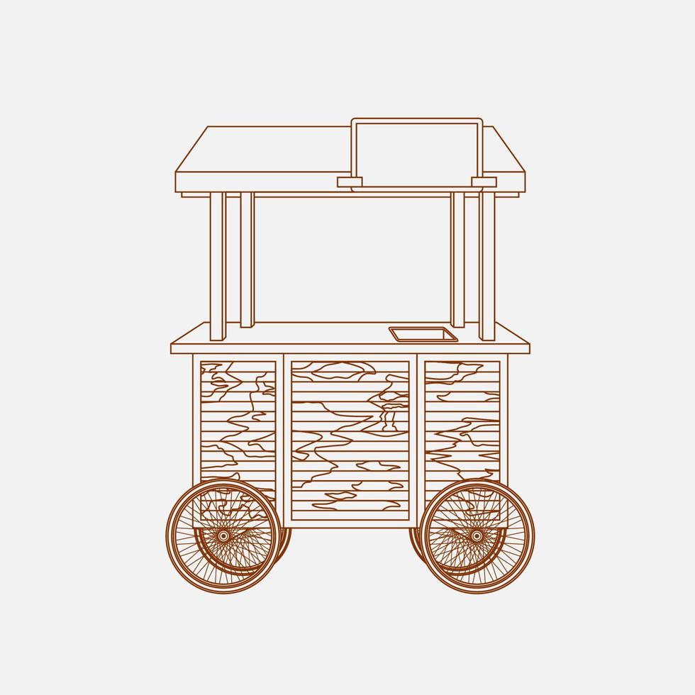 Editable Isolated Mobile Mini Wooden Food Cart Vector Illustration in Outline Style for Food and Drink Business Related Concept