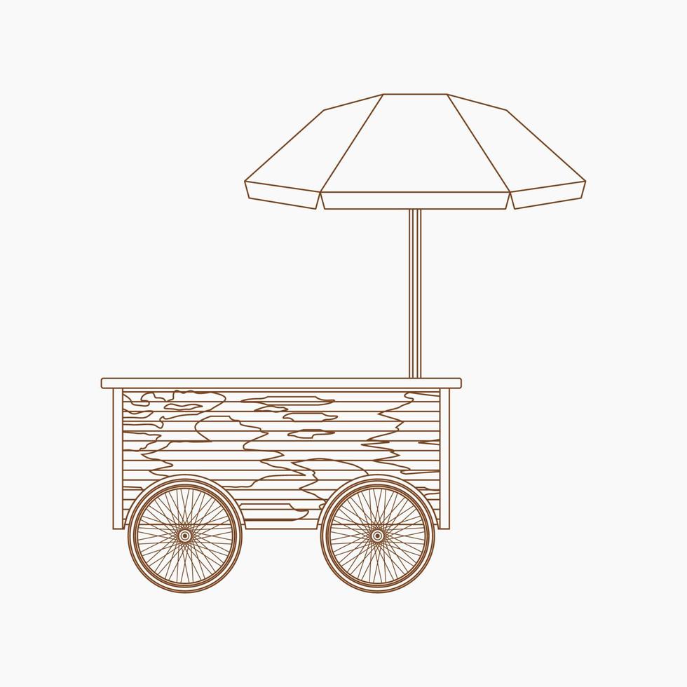 Editable Isolated Mobile Wooden Simple Food Cart Vector Illustration With Umbrella in Outline Style for Food and Drink Business Related Concept