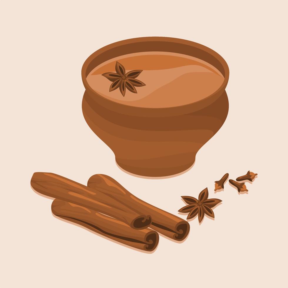 vista lateral superior editable indio masala chai en taza de cerámica ilustración vectorial con una variedad de especias de hierbas para elementos artísticos de bebidas con diseño de cultura y tradición del sur de Asia vector