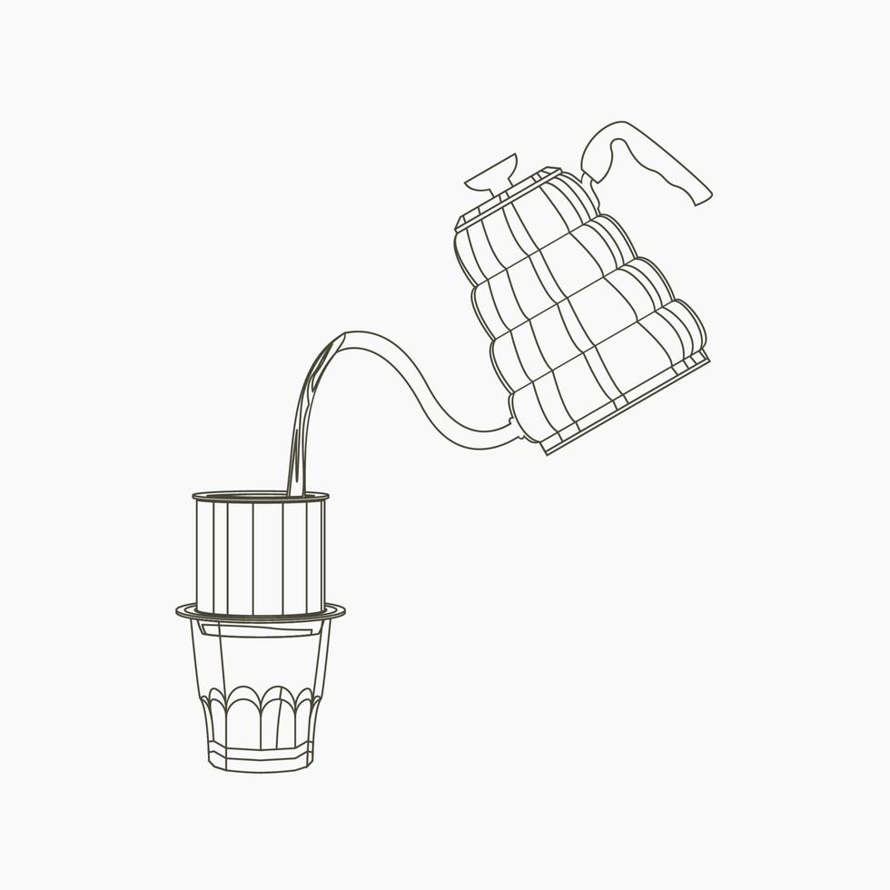 Editable Outline Style Vector Illustration of Pouring Hot Water from Gooseneck Kettle into Vietnamese Coffee Brewing for Artwork Element of Cafe With Vietnamese Culture and Tradition Related Design