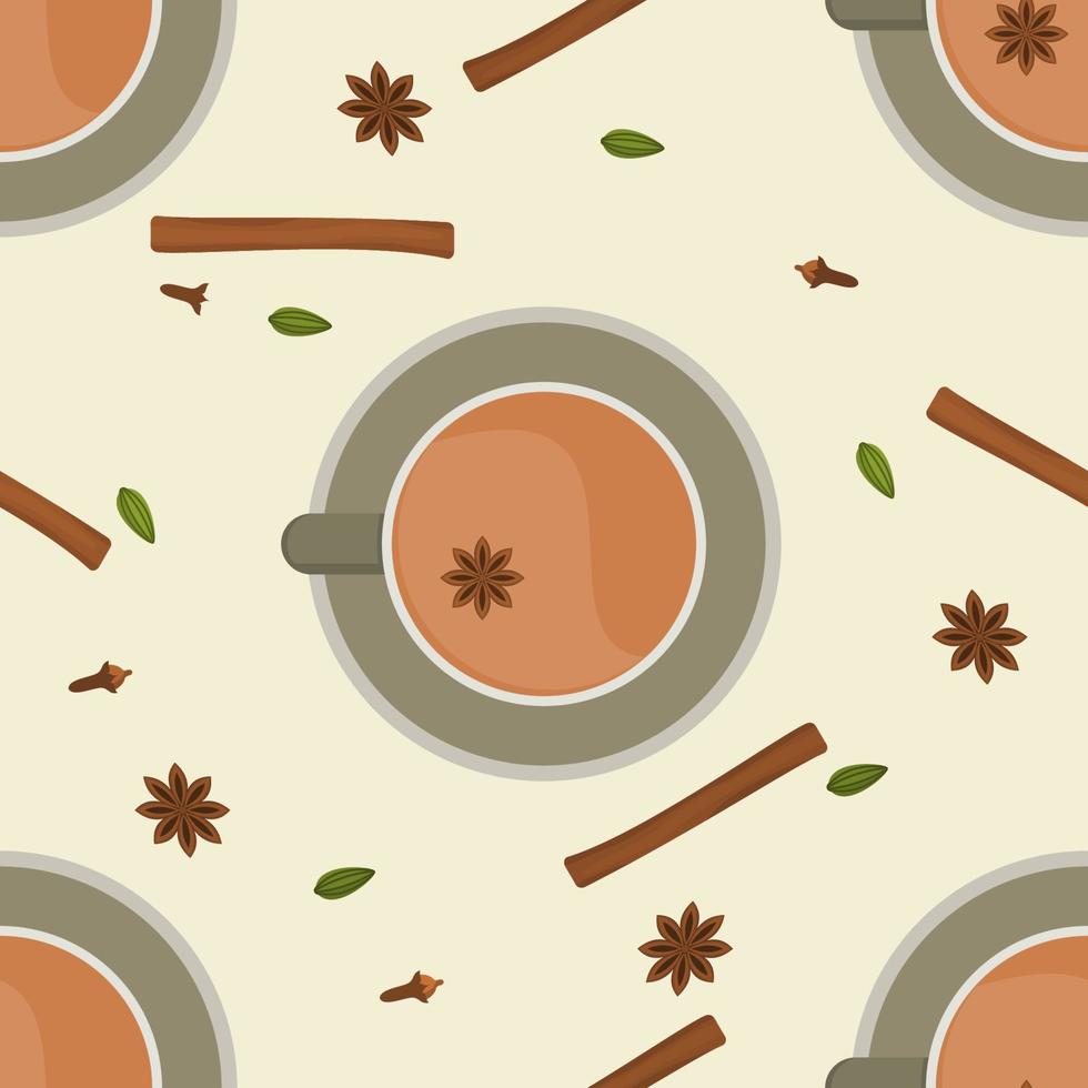 vista superior editable indio masala chai con una variedad de especias de hierbas ilustración vectorial patrón sin costuras para crear un fondo de bebidas con la cultura y la tradición del sur de asia vector