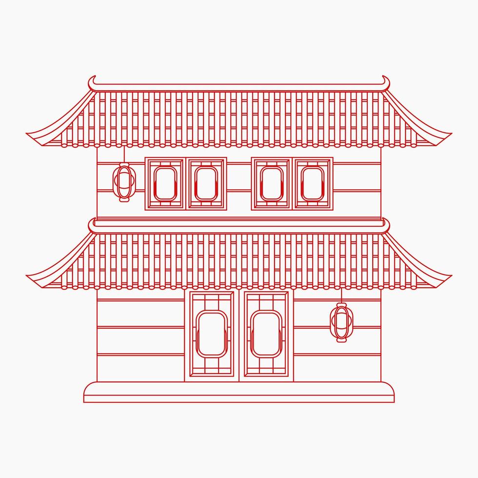 Ilustración de vector de edificio chino tradicional editable de dos techos en estilo de contorno para elemento de arte de diseño relacionado con la historia y la cultura oriental