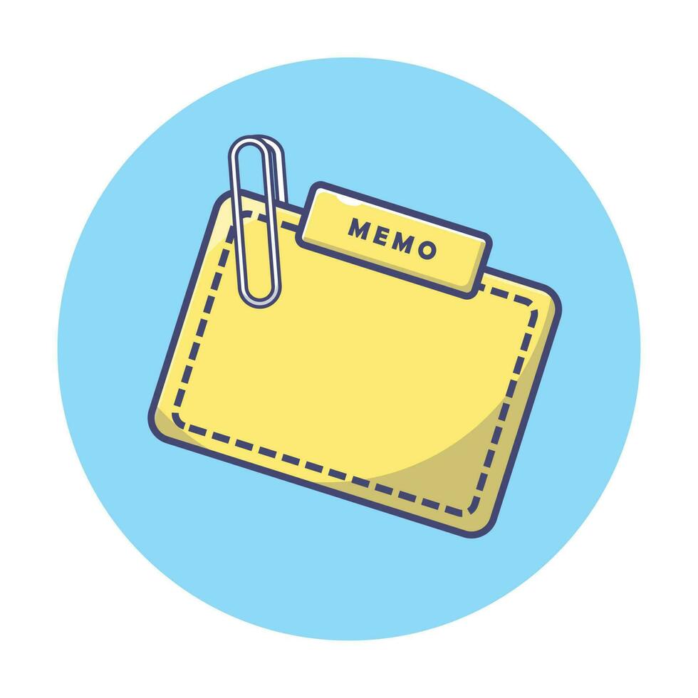 Simple cartoon illustration of yellow memo and paperclip. Office concept. vector