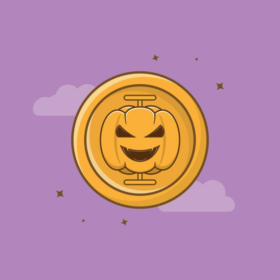 Pumpkin coin cartoon icon illustration for halloween celebration. Halloween concept. Simple premium design vector