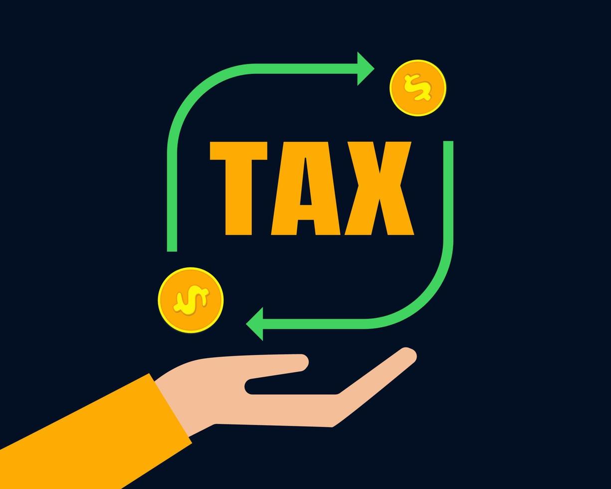 Tax concept. Hand with arrow and golden coins. Cartoon vector style for your design.