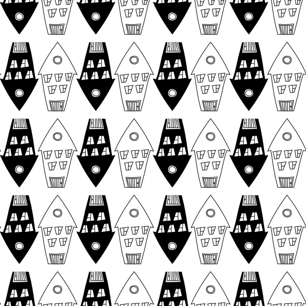 Pattern with black and contour houses for kids fabric. Doodle dtyle drawing buildings vector