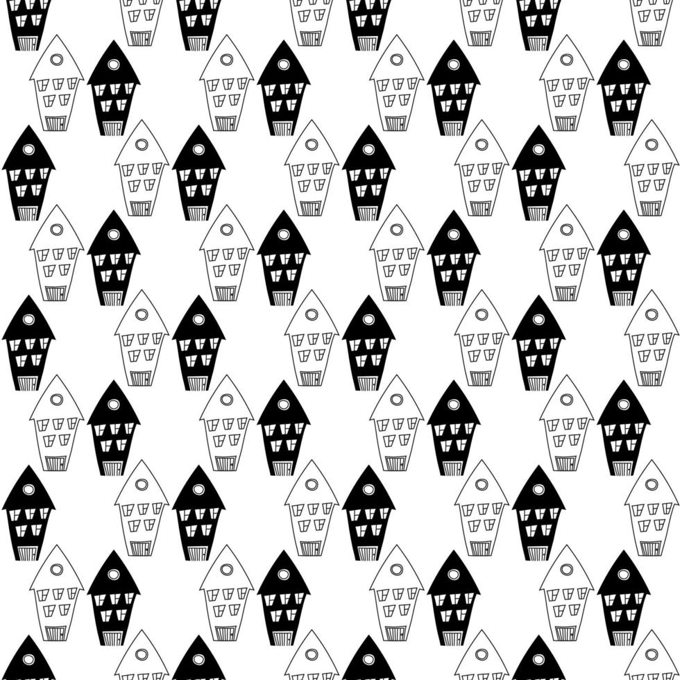 Set of black and white houses. Cute doodle pattern with buildings for kids prints fabric vector