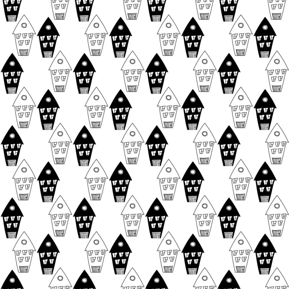 Set of black and white houses. Cute doodle pattern with buildings for kids prints fabric vector