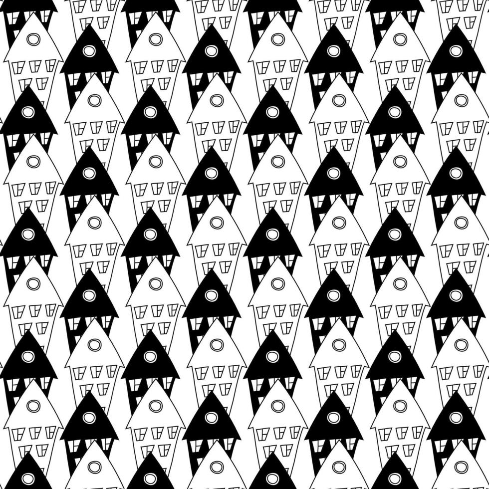 Pattern with black and contour line art style houses. Doodle buildings for fabric, texture, kids vector
