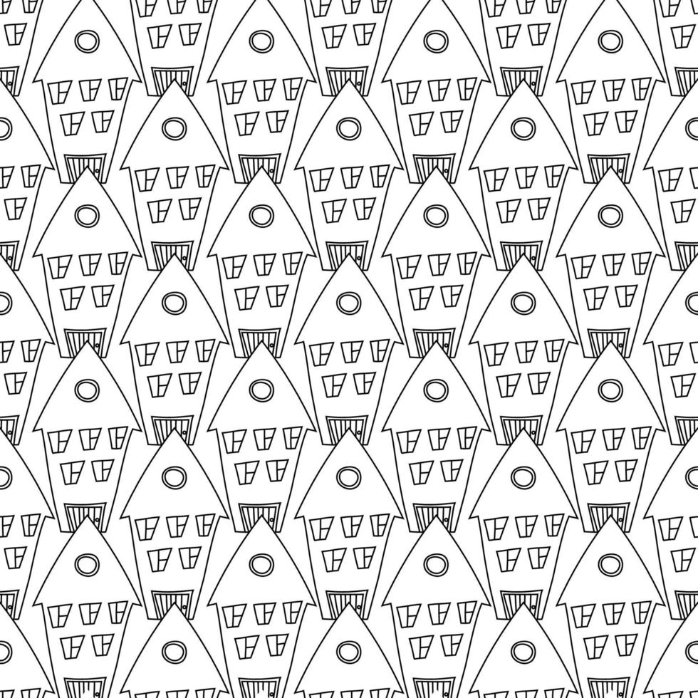 Set of contour houses in doodle line art style. Seamless pattern with buildings for fabric and prints vector