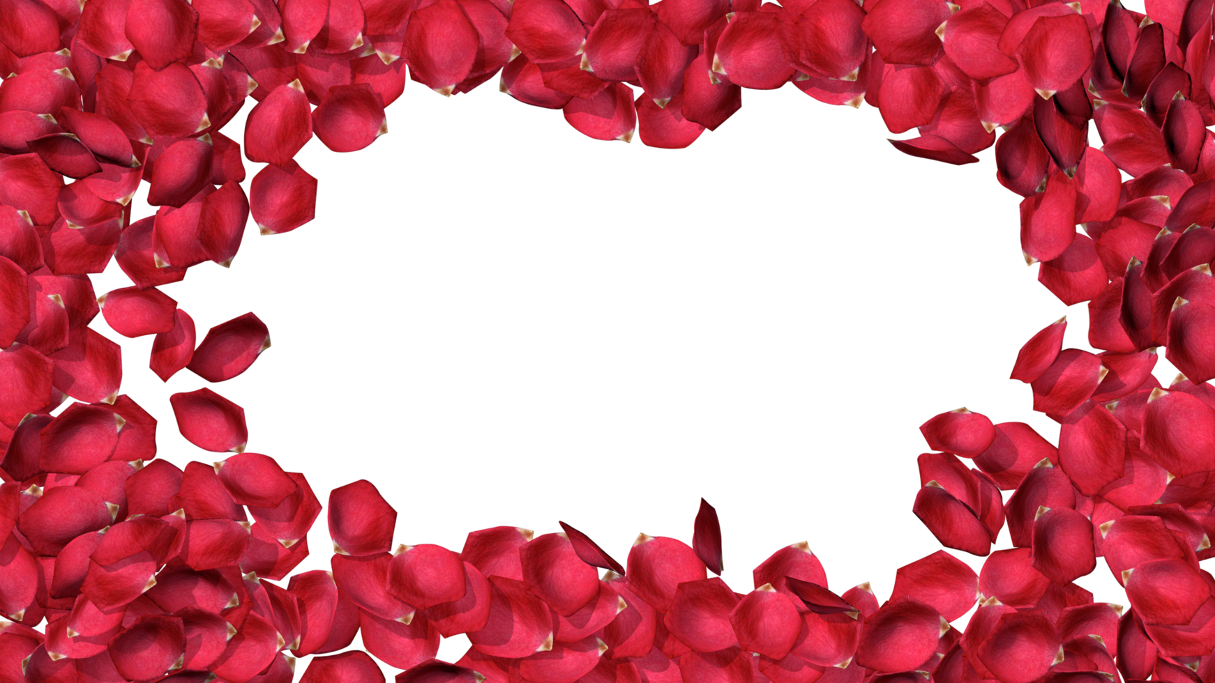 Verstreuter Rahmenrand aus Rosenblättern, entworfen für Valentinstag, Rosentag oder jede romantische Bewegung, setzen Sie Ihren Text in die Mitte, 3D-Rendering png