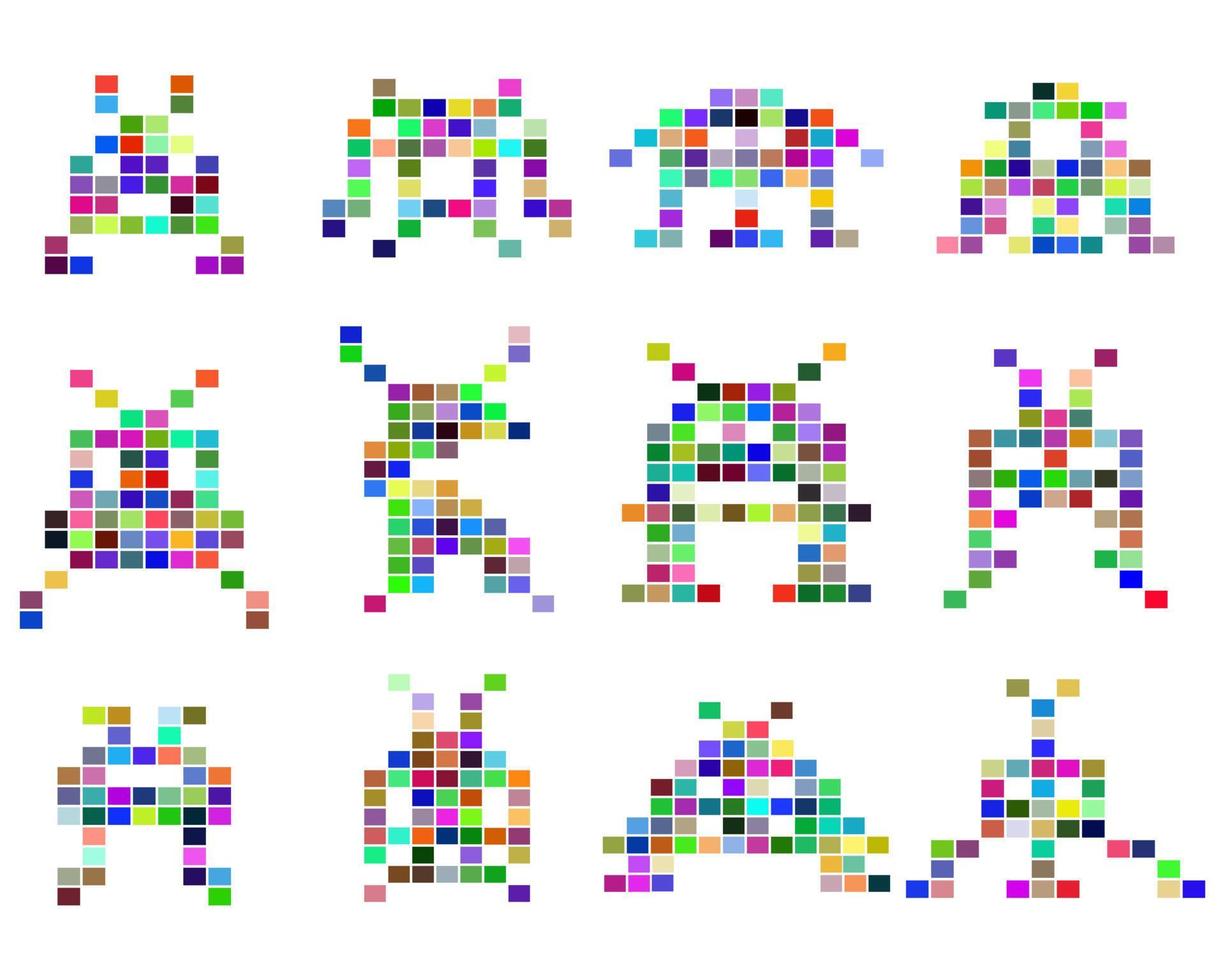 colección de monstruos retro de diferentes colores y píxeles sobre un fondo blanco vector